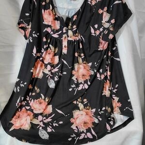 Floral Black Blouse with Pink Accents